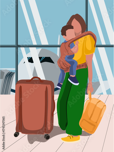 A mother with a child in her arms at the airport. Vector illustration.