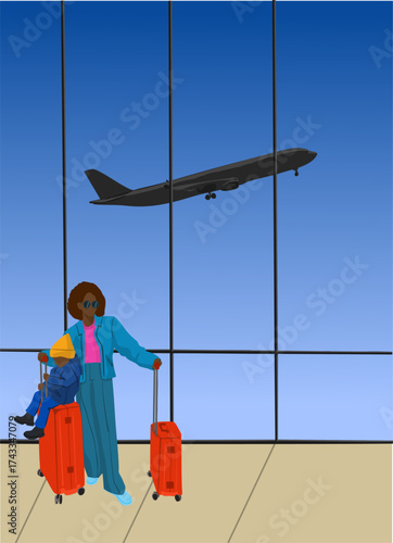 A mother with a child at the airport. Vector illustration.