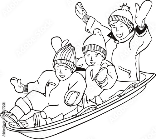 Children are sledding down a hill. Vector illustration.