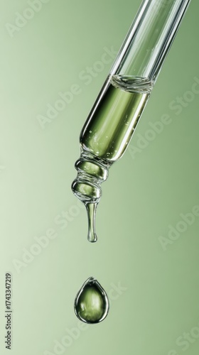 A dropper releasing a green liquid drop against a soft green background