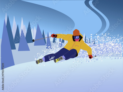 A skier in gear is skiing down a mountain. Vector illustration.