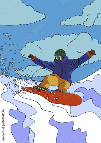 A snowboarder in gear is skiing down a mountain. Vector illustration.