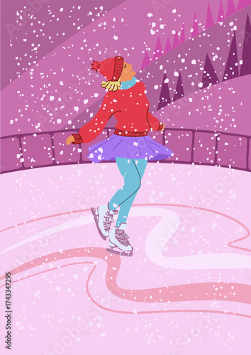 A girl in ice skates on the ice. Vector illustration.
