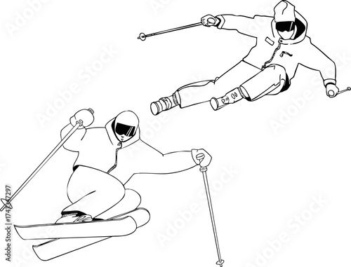 A  set of skiers in gear is skiing down a mountain. Vector illustration.