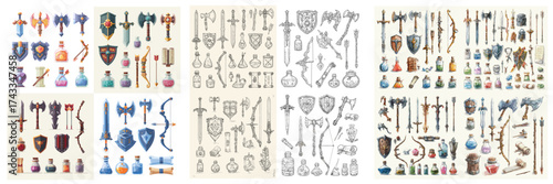 Vector collection of medieval weapons and armor including swords, shields, axes, bows, helmets, and potions. Perfect for fantasy or RPG design themes.
