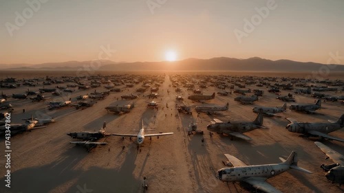 Aerial Panorama of Airplane Graveyard at Sunset in Arid Desert