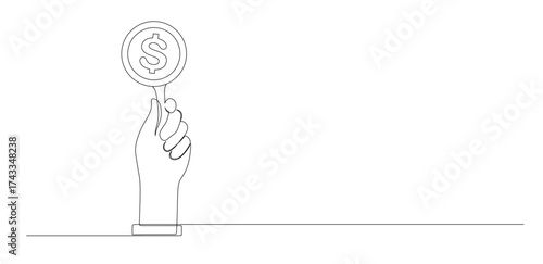 continuous line art of a hand holding a magnifying glass with a dollar icon inside
