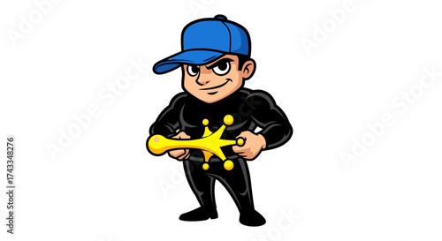 Cartoon character vigilante with a determined look, embodying justice and heroism with a golden star