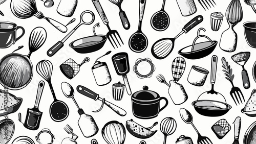 Seamless vector pattern featuring cooking and kitchen tools such as pans, spoons, knives, and hand whisks on a clean white background, symbolizing culinary art and home cooking