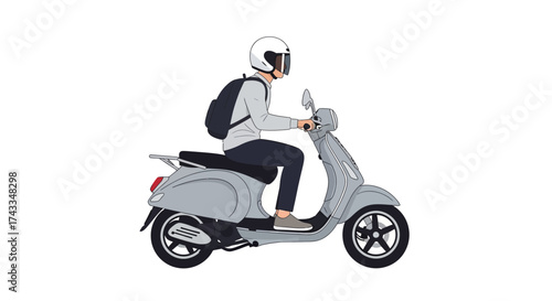 Illustration of a person riding a gray vintage scooter wearing a helmet and backpack