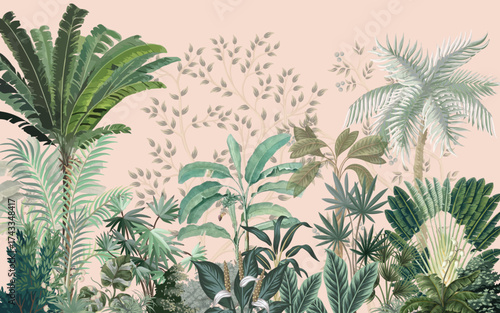 Tropical jungle safari forest illustration for wallpaper print, Tropical Mural, Mughal Mural Illustration.
