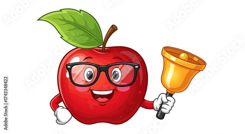 Cheerful apple character with glasses ringing bell for back to school season celebration