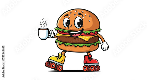 A cheerful burger cartoon character on roller skates enjoying a cup of coffee