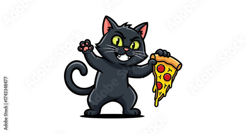 Cartoonish black cat holding pizza slice vector illustration for fun and creative designs