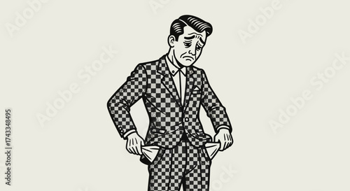 Illustration of a bankrupt man in a checkered suit showing his empty pockets with a sad expression