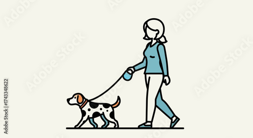 Minimalist illustration of a woman walking a dalmatian dog for leisure and companionship