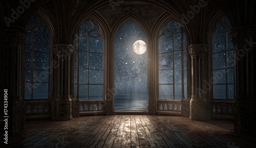 Gothic-style room at night, moonlight through arched windows, starry sky over ocean