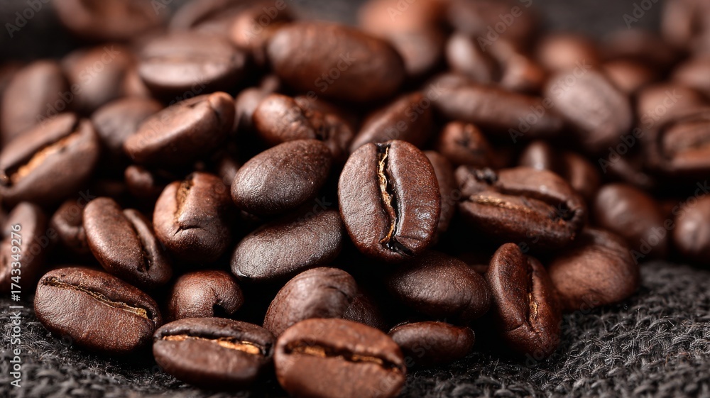 Naklejka premium Close-up of roasted coffee beans spilling from a burlap sack on a rustic wooden surface, highlighting rich textures and deep brown tones for gourmet coffee concept