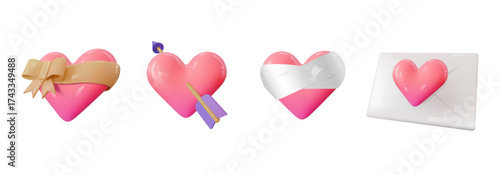 3d emoji Heart Ribbon, Heart Arrow, recovery heart and love letter icon illustration