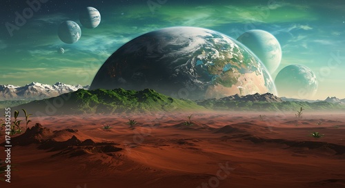 Planets and earth like world in space fantasy landscape with mountains