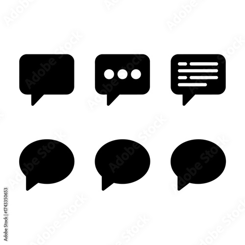 Set of six black speech bubble icons for communication and messaging apps