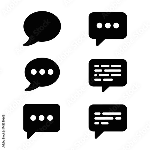 Set of six black speech bubble icons for communication and messaging app design