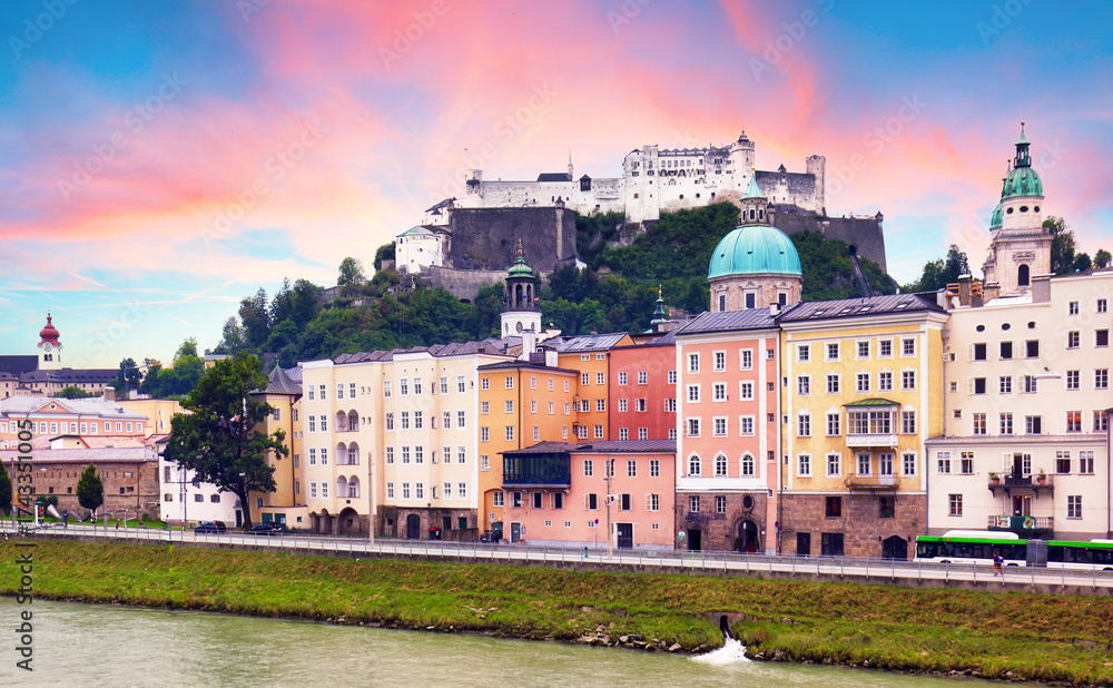 Fototapeta premium Sunset view of Salzburg, Austria, Hohensalzburg Fortress