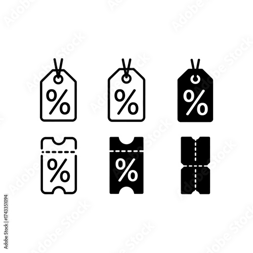 Set of 6 minimalist black and white icons representing discounts and coupons