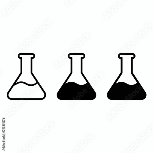 Three different chemistry laboratory flask icons displaying liquid levels