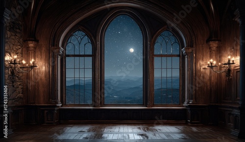 Dark, medieval room with large arched window overlooking a starry night