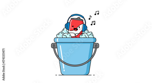 Cartoon illustration of a soda can with headphones enjoying music in an ice bucket