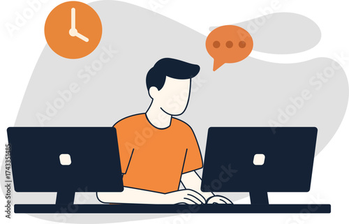 Man Working Efficiently with Dual Computer Monitors