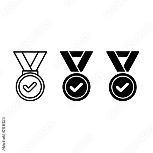 Minimalist medal icons set of three featuring a checkmark for achievement and recognition symbols