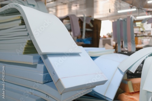 Εκτύπωση καμβά Foam rubber sheets stacked in furniture factory for sofa production