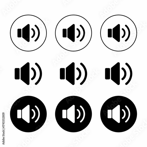 Set of six black and white audio volume icons for sound control and media playback
