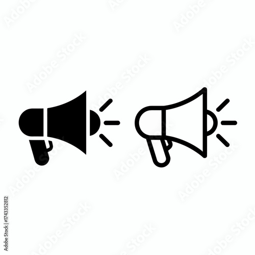 Simple black and white icon design of a megaphone for announcements and promotions