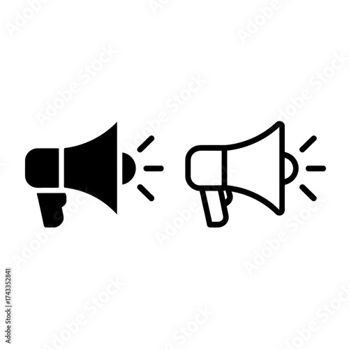 Simple black and white megaphone icon designs for announcements and communication