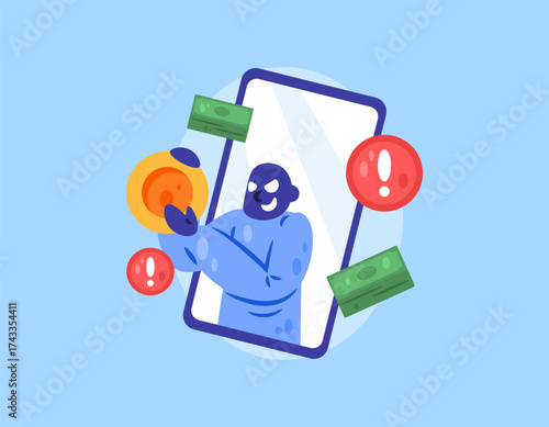 Illegal online loan application concept. Be careful with online loan services. Danger warning. Illustration of a smartphone with a fraudster giving money and a warning sign. Flat design style. Blue