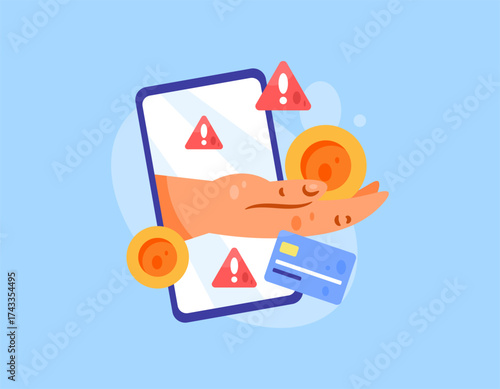 Illegal online loan application concept. Be careful with online loan services. Danger warning. Illustration of a smartphone with a hand holding money and a warning sign. Flat style design. Blue 