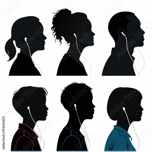 Set of men and women face with headphone. Vector illustration of diverse human profiles with wired earbuds. Set of diverse people listening to music, podcasts, or audiobooks.