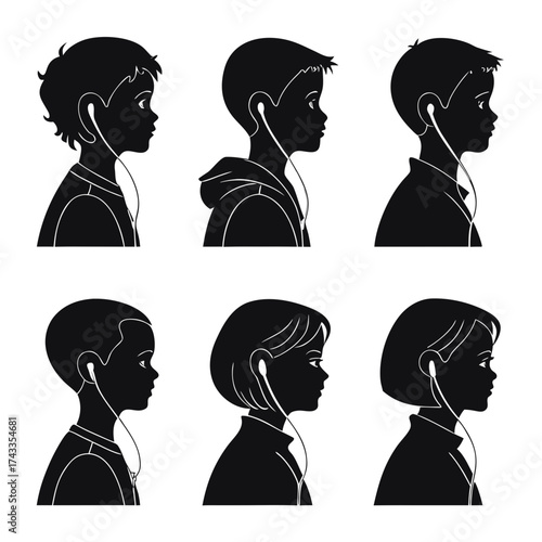 Set of men and women face with headphone. Vector illustration of diverse human profiles with wired earbuds. Set of diverse people listening to music, podcasts, or audiobooks.