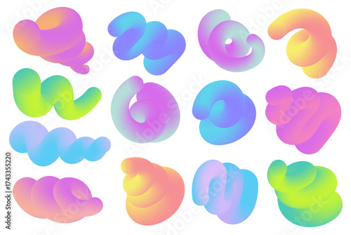 3D abstract gradient shapes. Colored fluid wavy lines. Bright blended holographic pipes on white background. Swirl modern doodle strokes. Vector trendy vibrant elements for creative poster