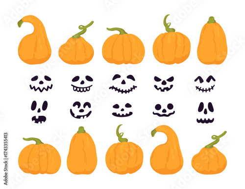 Set of scary and spooky pumpkin faces for Happy Halloween. Cute pumpkins and silhouette jack o'lantern expressions collection. Eyes and mouths for design your own monster characters isolated on white.