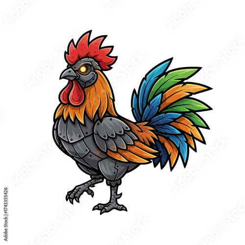 Futuristic Steampunk Rooster with Metallic Armor and Vibrant Feathers | Mechanical Bird Illustration for Fantasy and Digital Art Designs