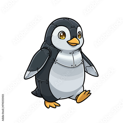 Adorable Robotic Penguin, Cheerful Walking Pose, Kids Illustration, Fun Technology Concept, Cute Digital Character