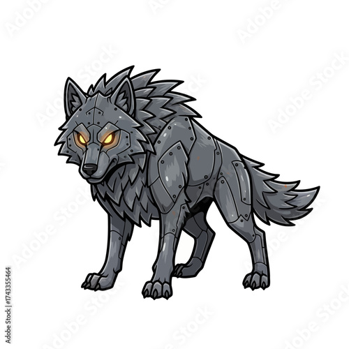 Steampunk Wolf, Glowing Eyes Robotic Canine, Fantasy Illustration, Mechanical Animal Character, Creative Design Art