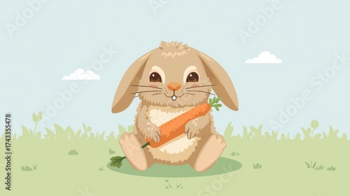Fototapeta Naklejka Na Ścianę i Meble -  Adorable fluffy rabbit eating a fresh carrot in a sunny meadow