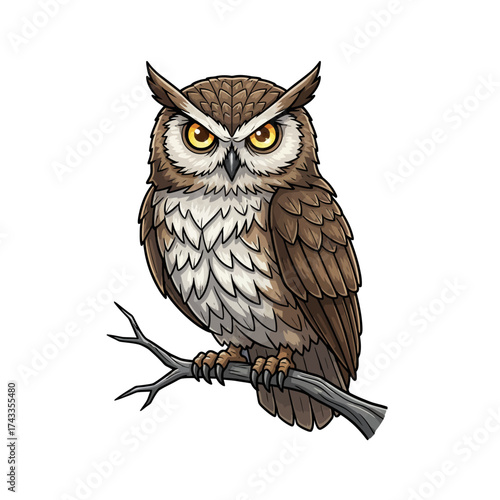 Wise Owl Perched on Branch | Majestic Nocturnal Bird Symbolizing Knowledge, Wisdom, and Mystery in Nature Illustration