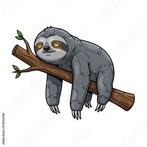Robotic Sloth on Branch, Sci-Fi Animal Illustration, Cartoon Fun Character, Futuristic Relaxed Creature Art