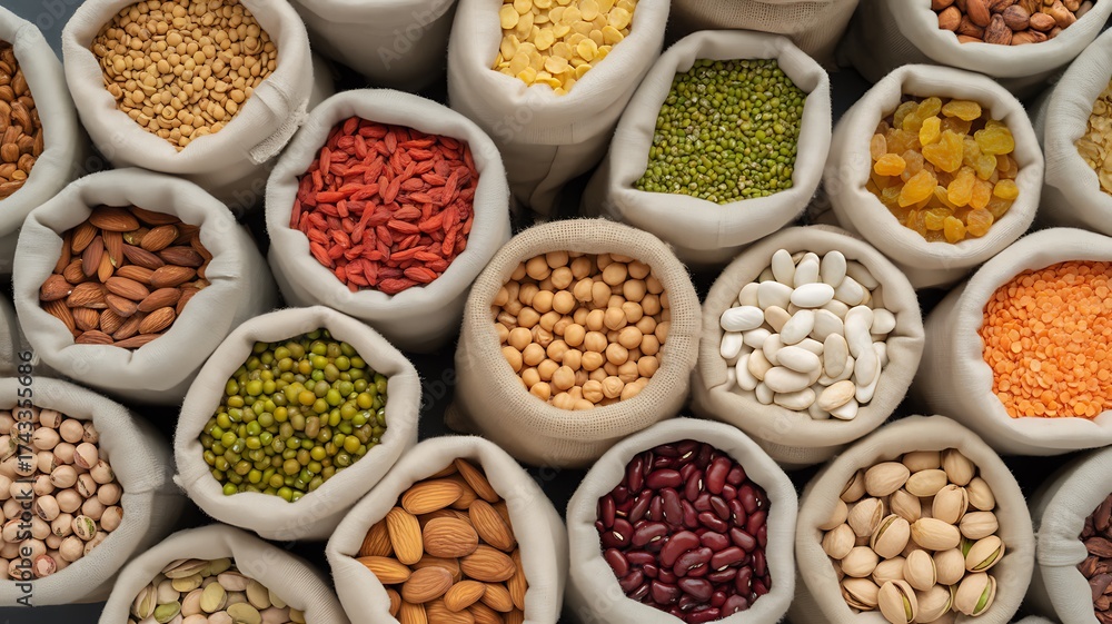 Fototapeta premium Various grains beans and seeds in fabric bags top view 